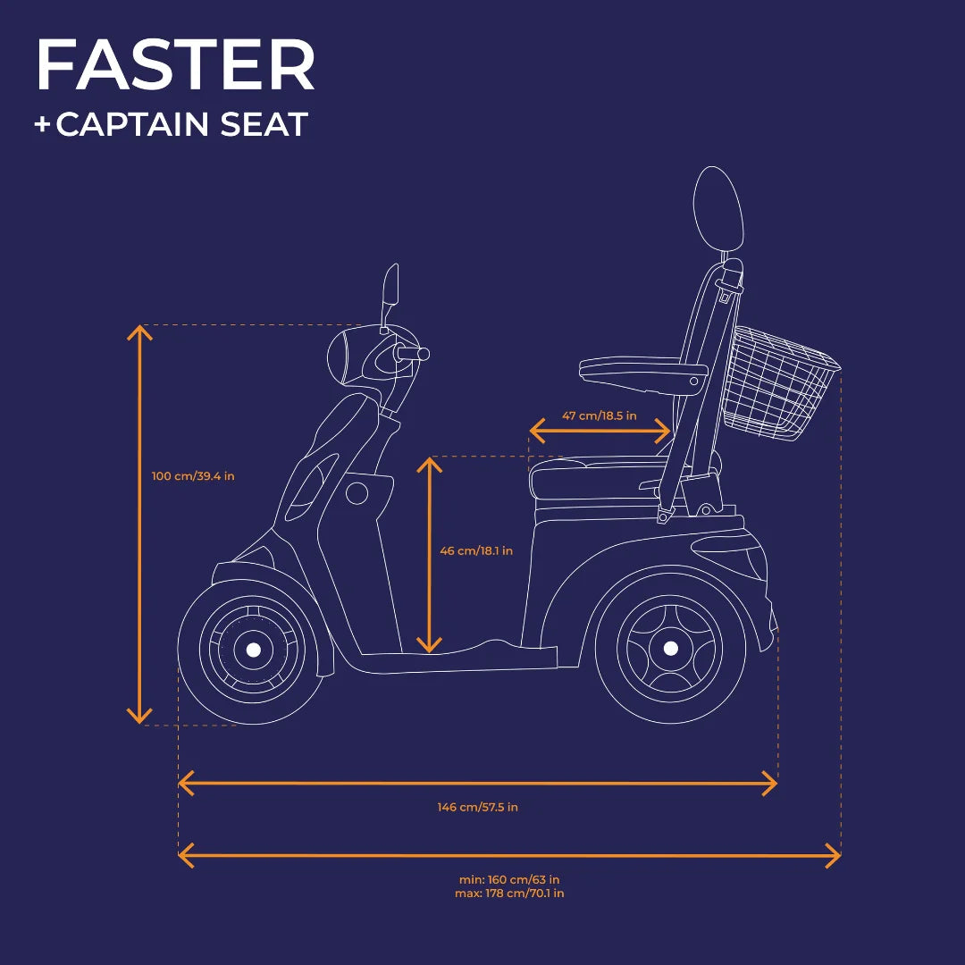 Tehnički nacrt električnog skutera Veleco Faster s dimenzijama i kapetanskim sjedalom bočni pogled