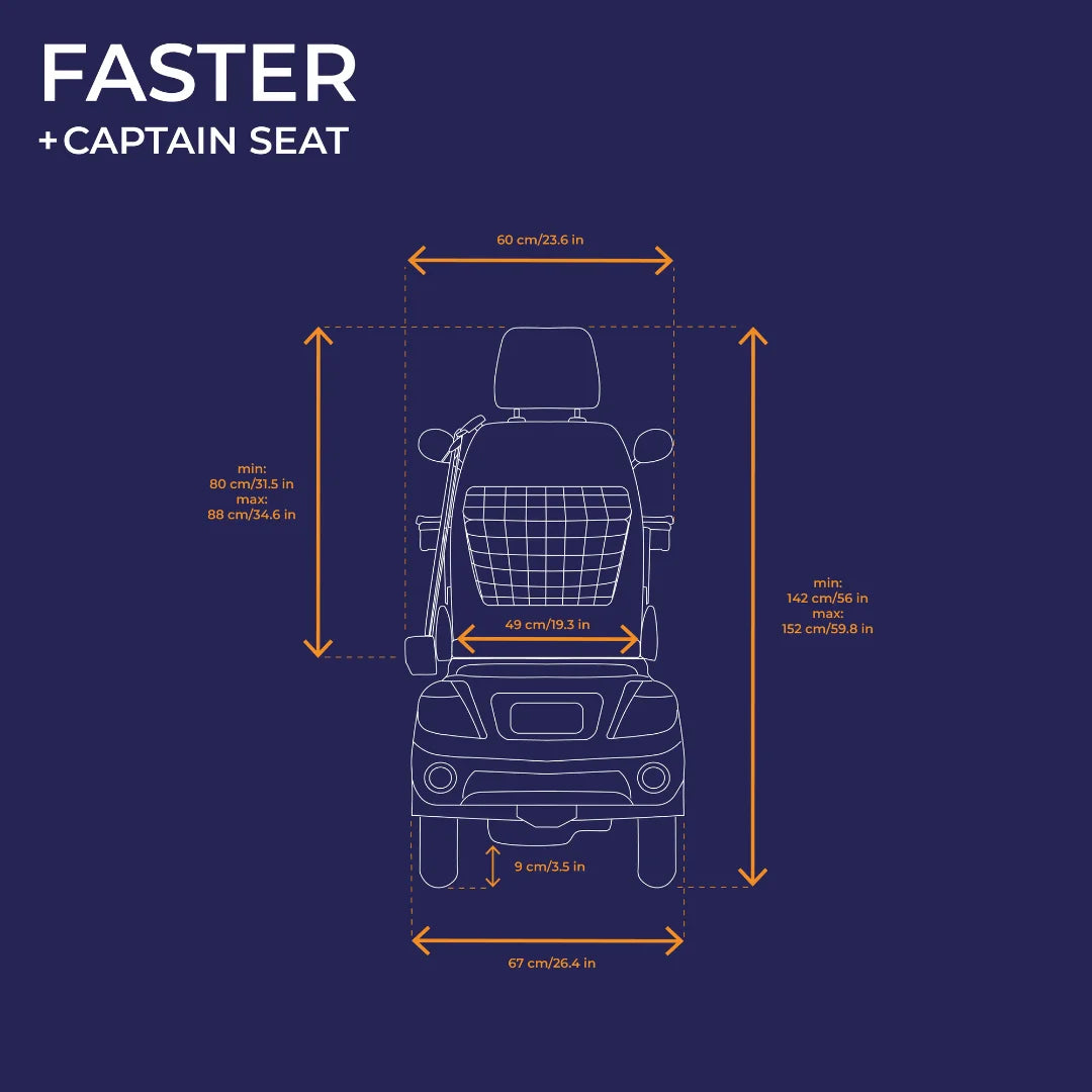 Tehnička shema dimenzija električnog skutera za starije osobe Veleco Faster s kapetanskim sjedalom sprijeda