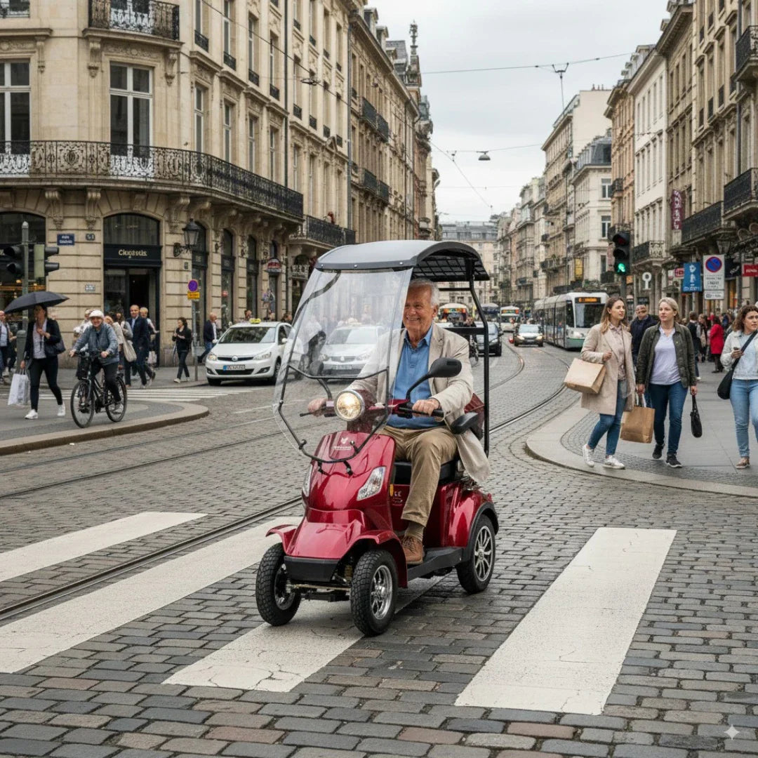 Stariji muškarac vozi crveni električni skuter za starije osobe Veleco Faster s krovom na gradskoj ulici