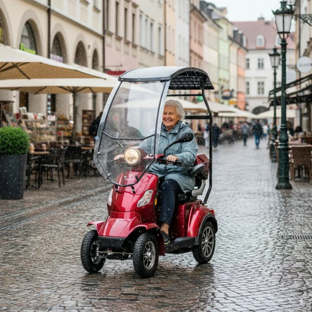 Crveni električni skuter za starije osobe Veleco Faster s krovom i starijom osobom na gradskom trgu