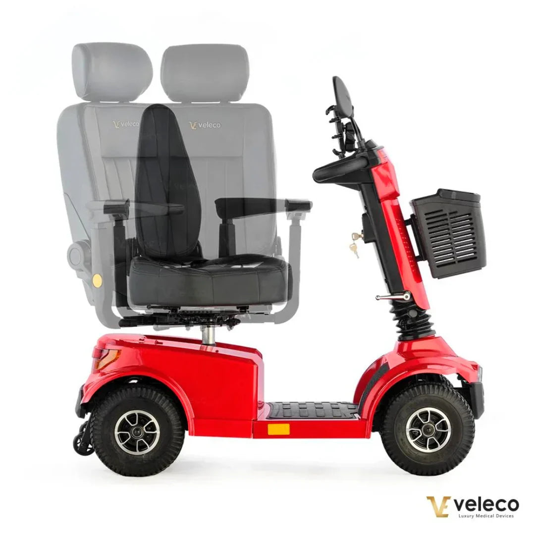 Crveni električni skuter za starije osobe Veleco Jumpy, bočni prikaz sa sjedalom na bijeloj pozadini