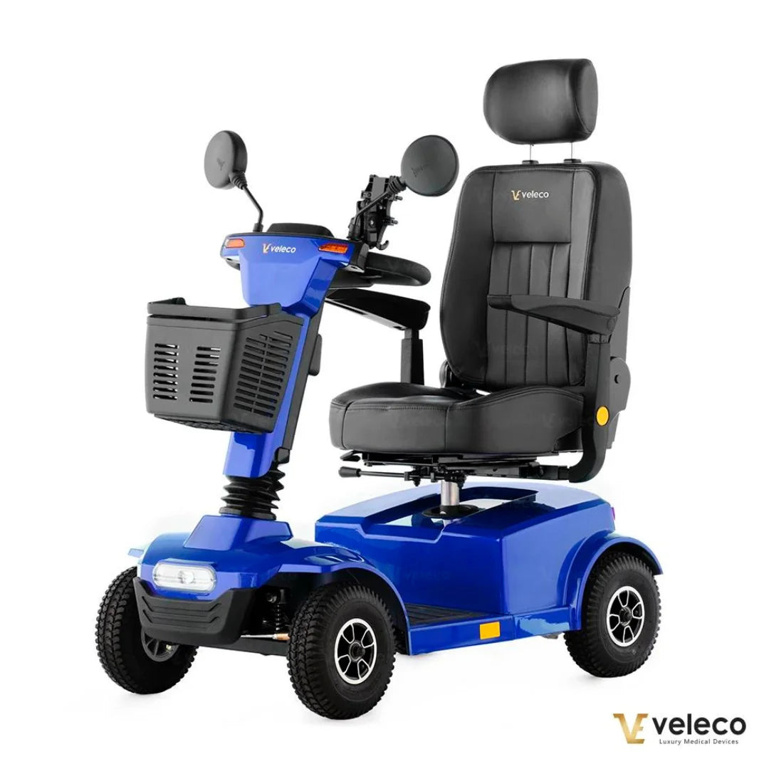 Plavi električni skuter za starije osobe Veleco Jumpy s crnim sjedalom i košarom bočni pogled