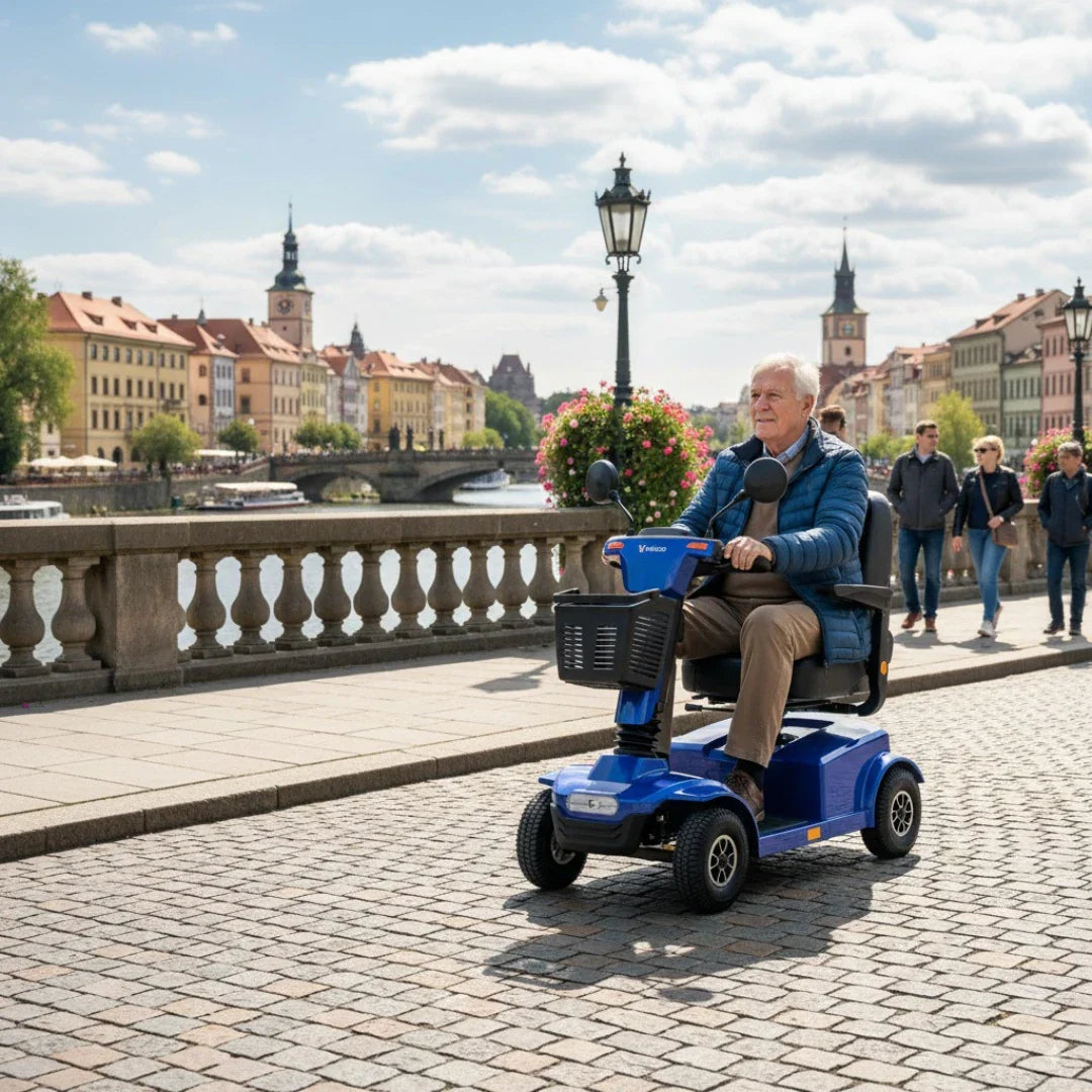 Stariji muškarac vozi plavi električni skuter za starije osobe Veleco Jumpy na gradskom šetalištu
