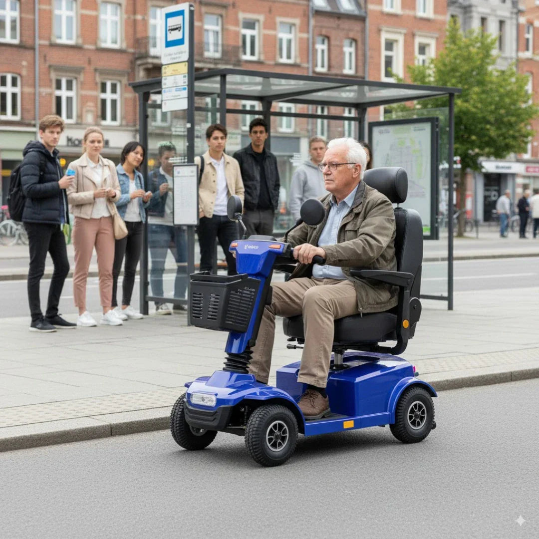 Stariji muškarac vozi plavi električni skuter za starije osobe Veleco Jumpy na gradskoj ulici