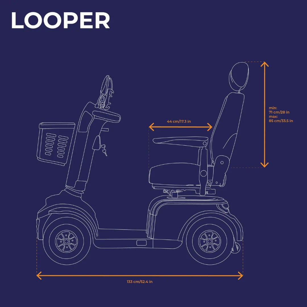 Tehnički nacrt električnog skutera za starije osobe Veleco Looper s prikazanim dimenzijama sa strane
