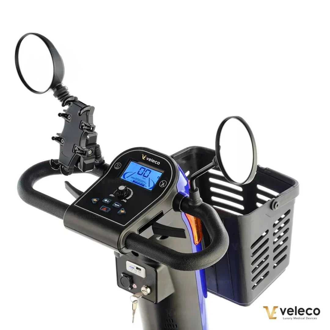 Upravljač električnog skutera za starije osobe Veleco Looper s retrovizorima i košarom, prikaz detalja