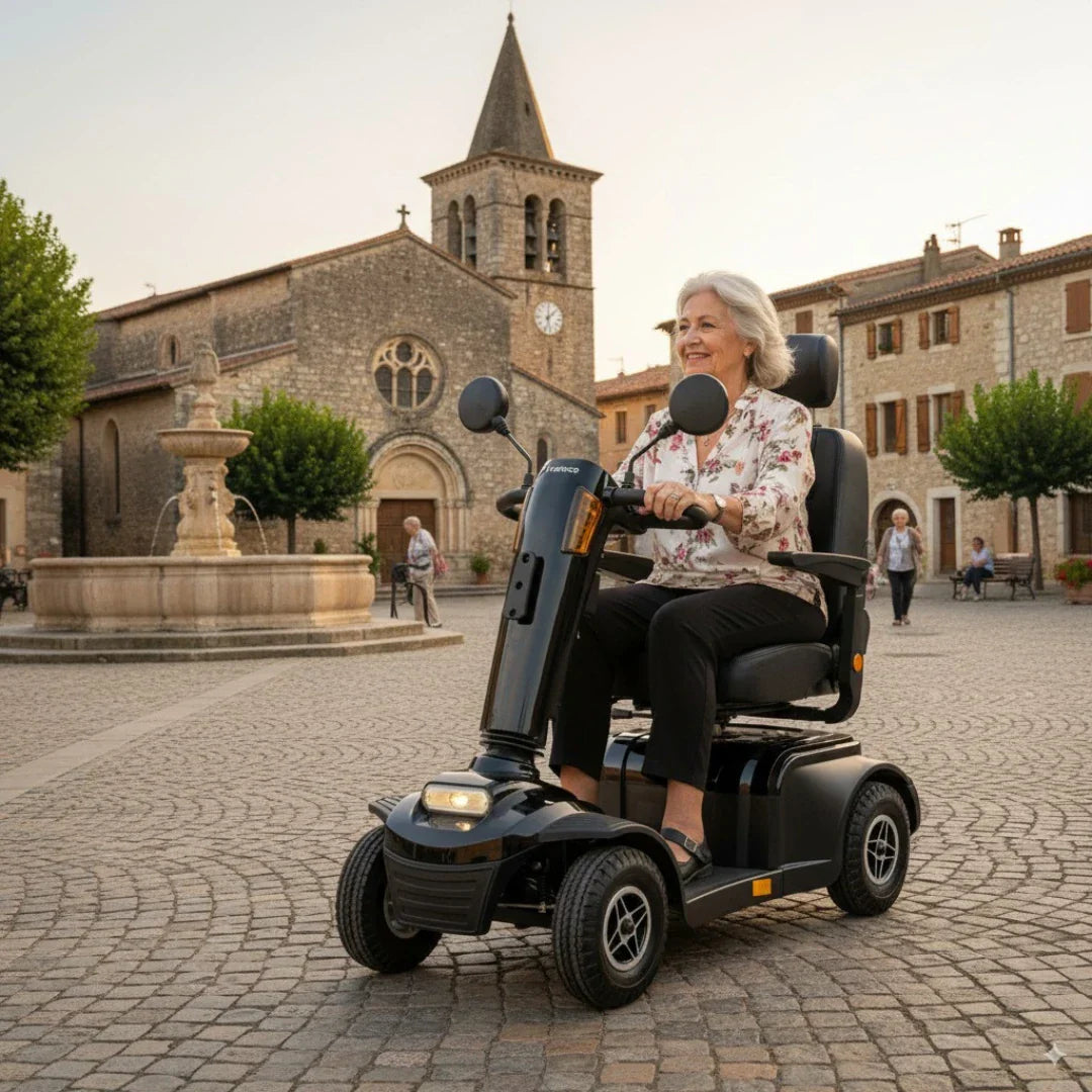 Starija gospođa vozi crni električni skuter za starije osobe Veleco Looper na gradskom trgu