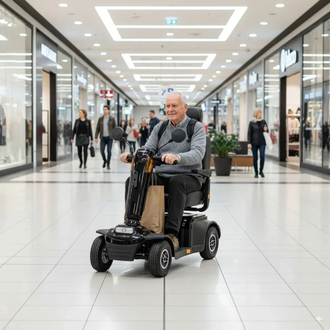 Stariji muškarac vozi crni električni skuter za starije osobe Veleco Looper u trgovačkom centru