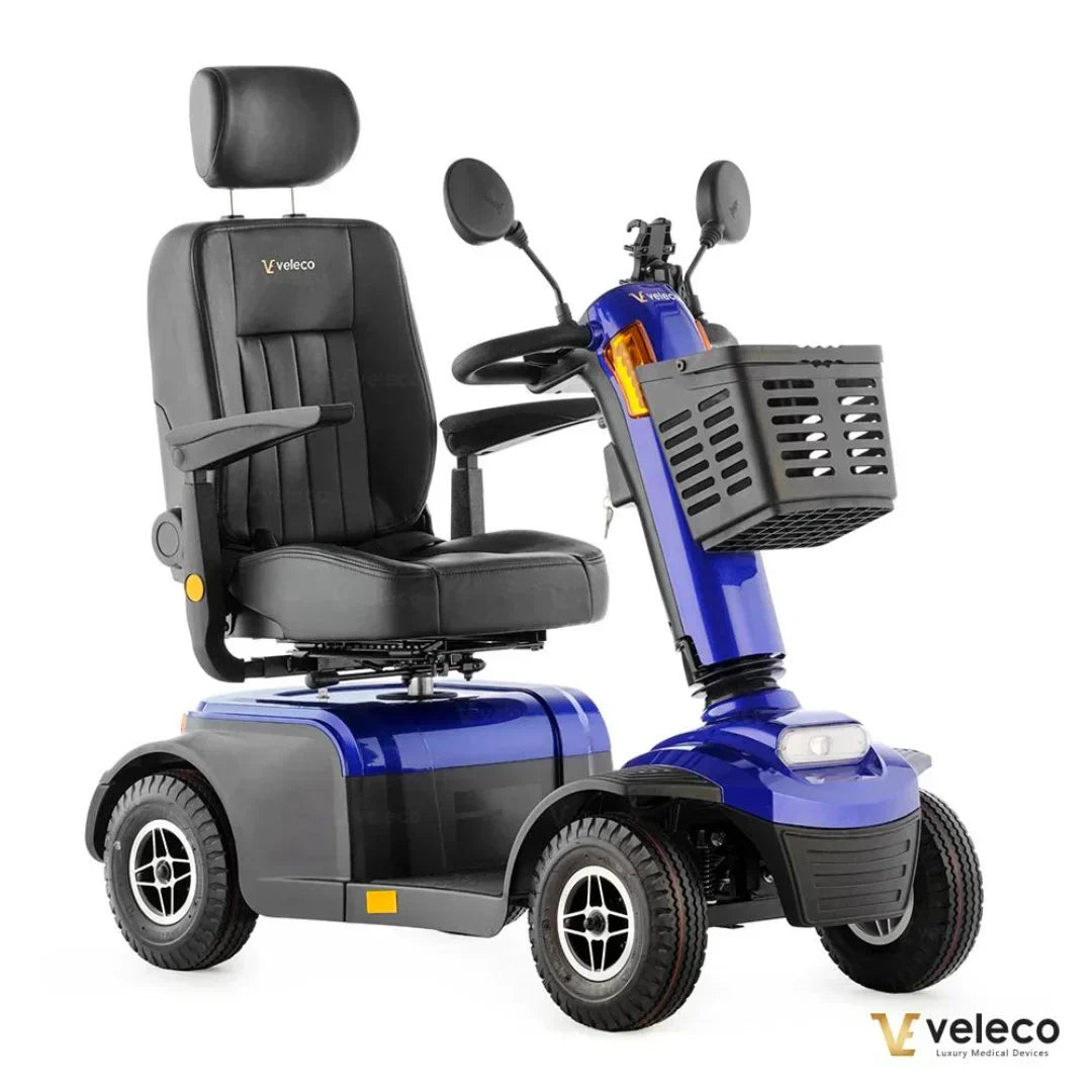 Plavi električni skuter za starije osobe Veleco Looper s crnim sjedalom i košarom bočni pogled