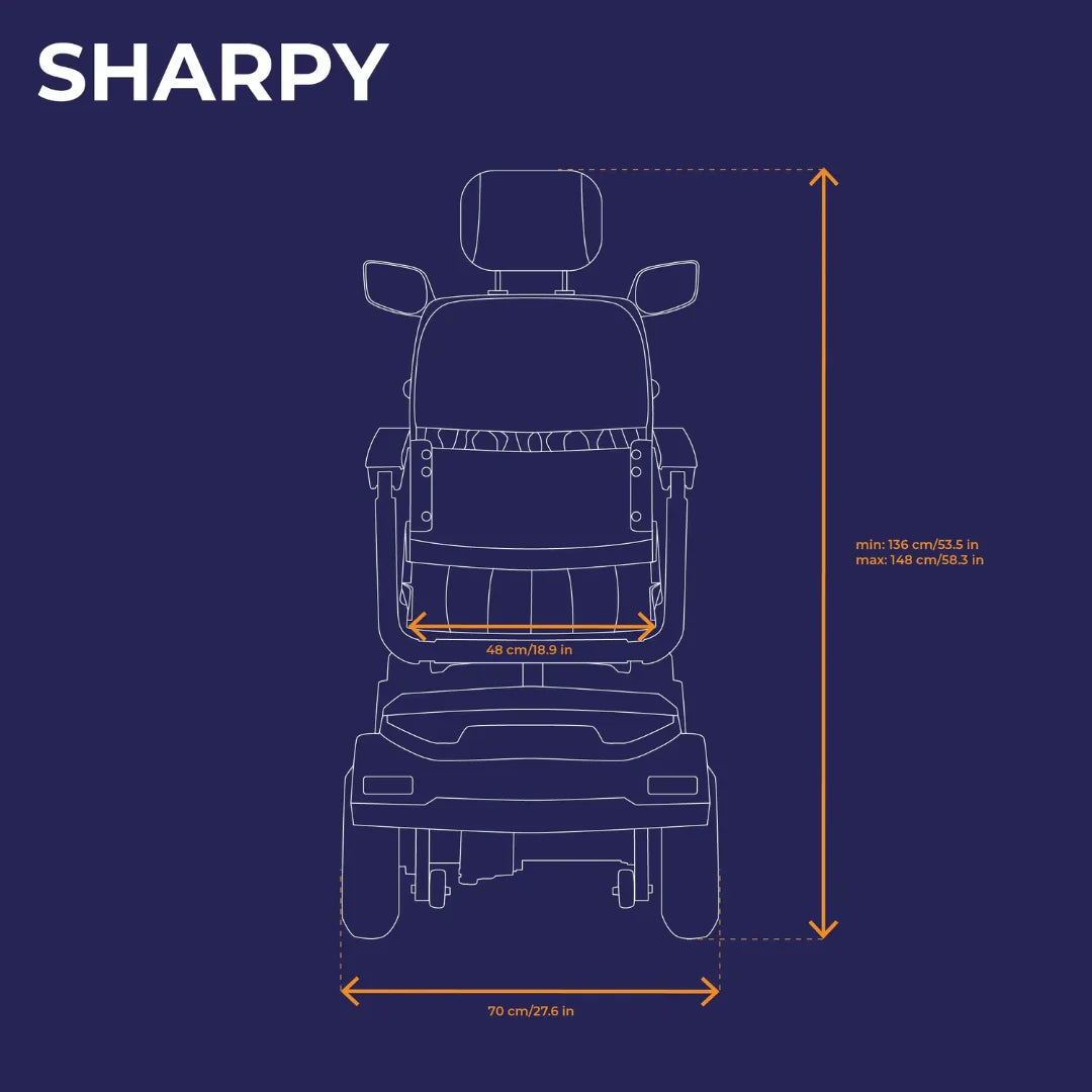 Tehnički nacrt s dimenzijama električnog skutera za starije osobe Veleco Sharpy, pogled sprijeda