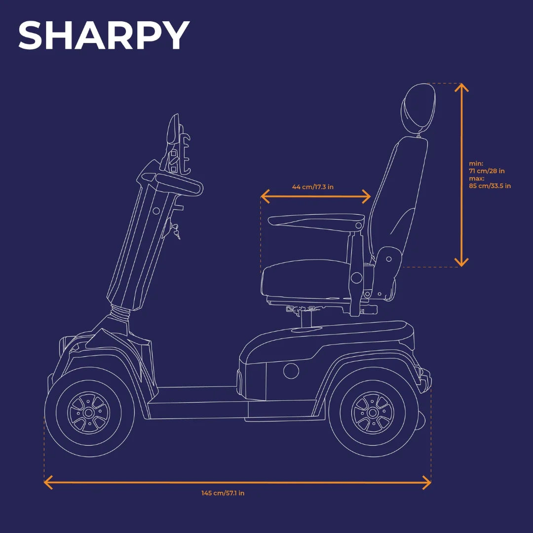 Tehnički nacrt s dimenzijama električnog skutera za starije osobe Veleco Sharpy, bočni prikaz na tamnoj podlozi