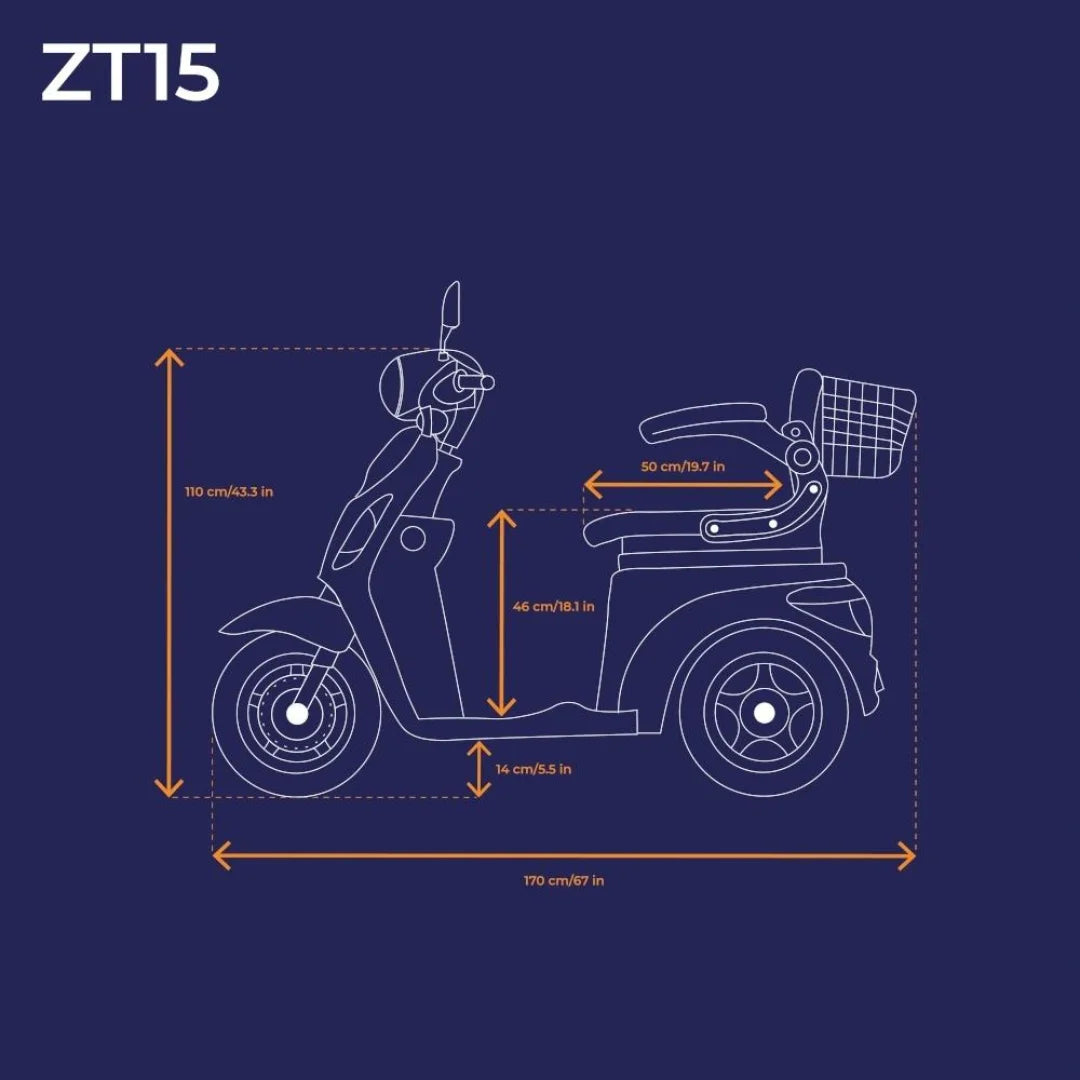 Tehnički nacrt električnog skutera za starije osobe Veleco ZT15 s prikazom dimenzija i bočnim pogledom