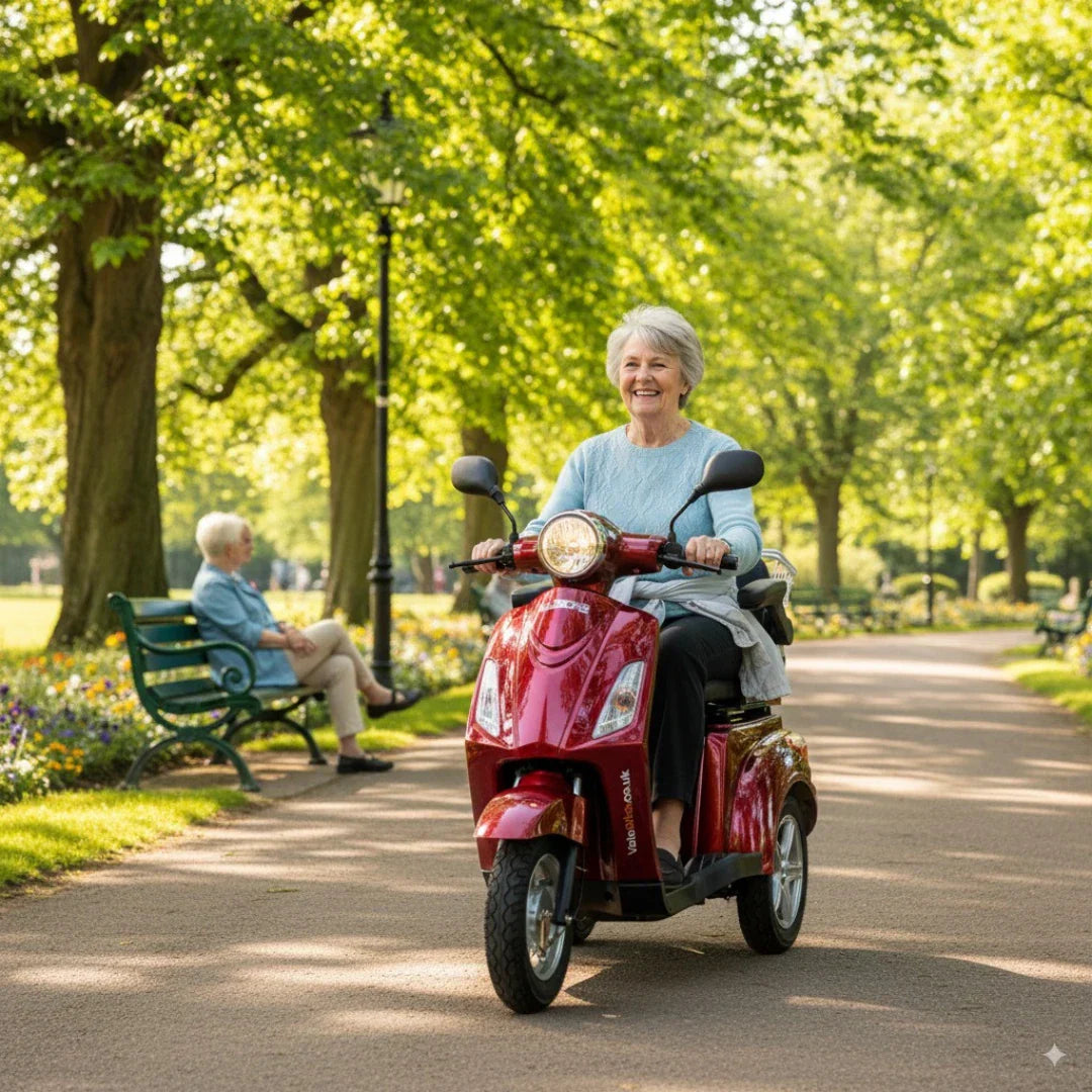 Starija gospođa vozi crveni električni skuter za starije osobe Veleco ZT15 parkom, pogled sprijeda