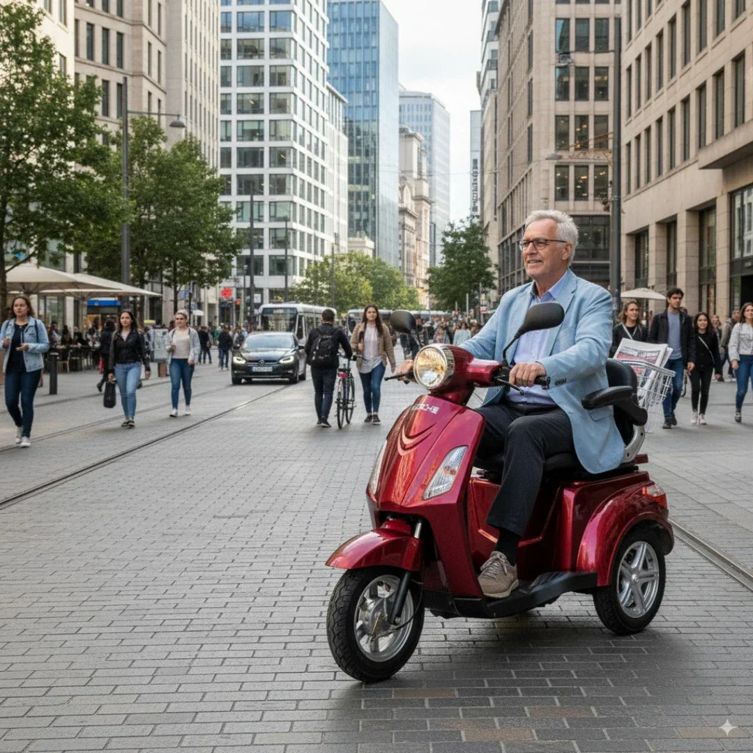 Stariji muškarac vozi crveni električni skuter za starije osobe Veleco ZT15 gradskom ulicom u pokretu