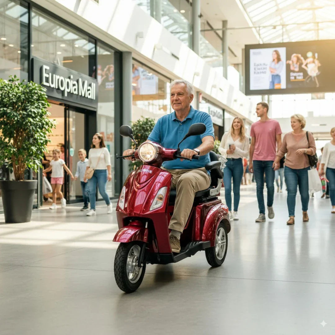 Stariji muškarac vozi crveni električni skuter za starije osobe Veleco ZT15 kroz trgovački centar