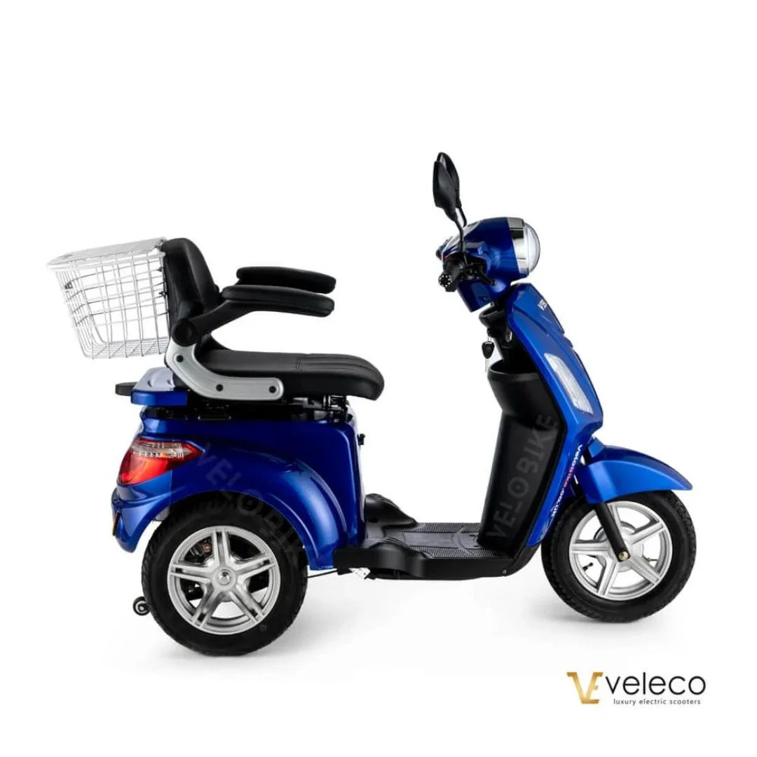 Plavi električni skuter za starije osobe Veleco ZT15 bočni pogled s košarom i udobnim sjedalom