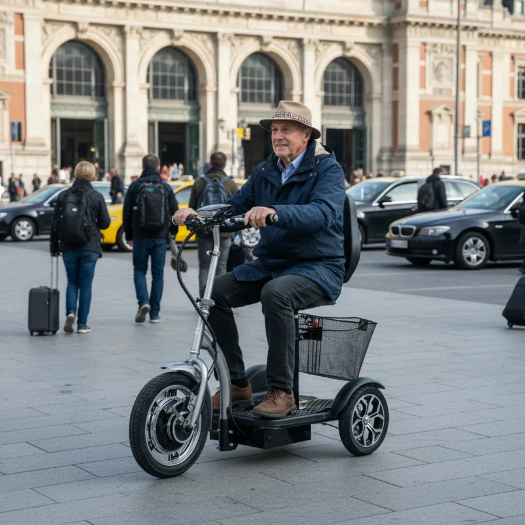 Stariji muškarac vozi srebrni električni skuter za starije osobe Veleco ZT16 na gradskom trgu