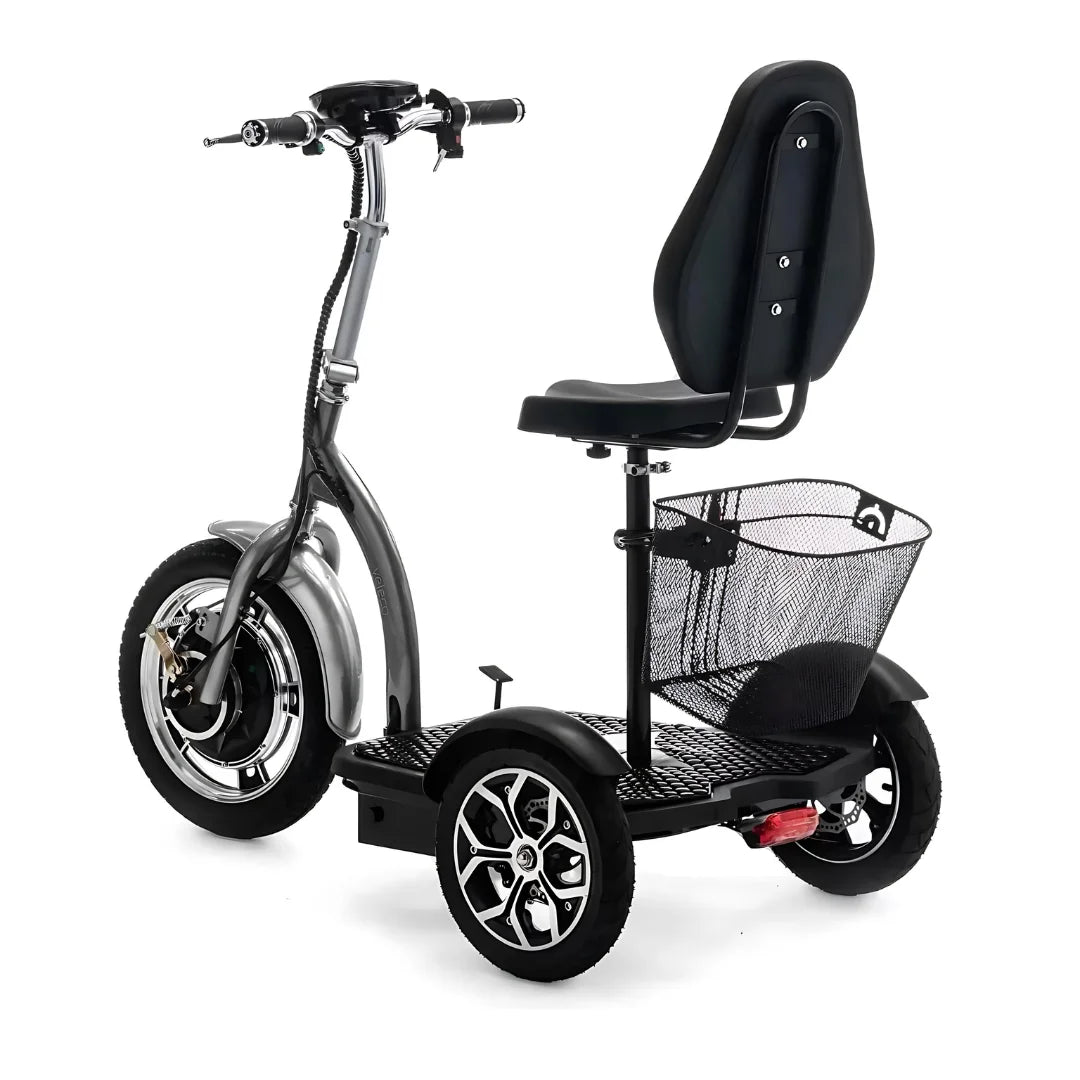 Električni skuter za starije osobe Veleco ZT16 s tri kotača, sjedalom i košarom, sivi prikaz s boka