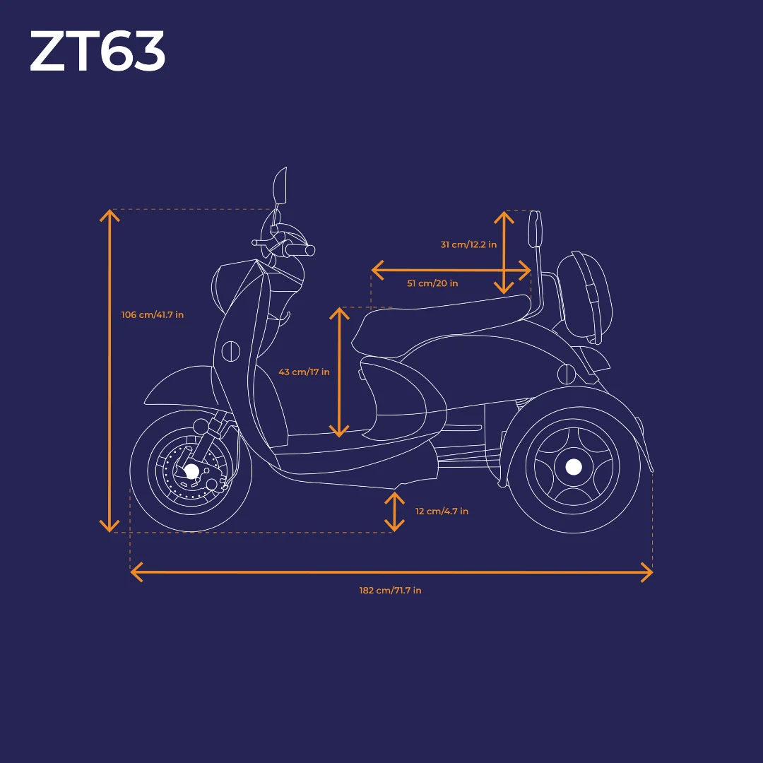 Tehničke dimenzije električnog invalidskog skutera Veleco ZT63 na shematskom prikazu sa strane