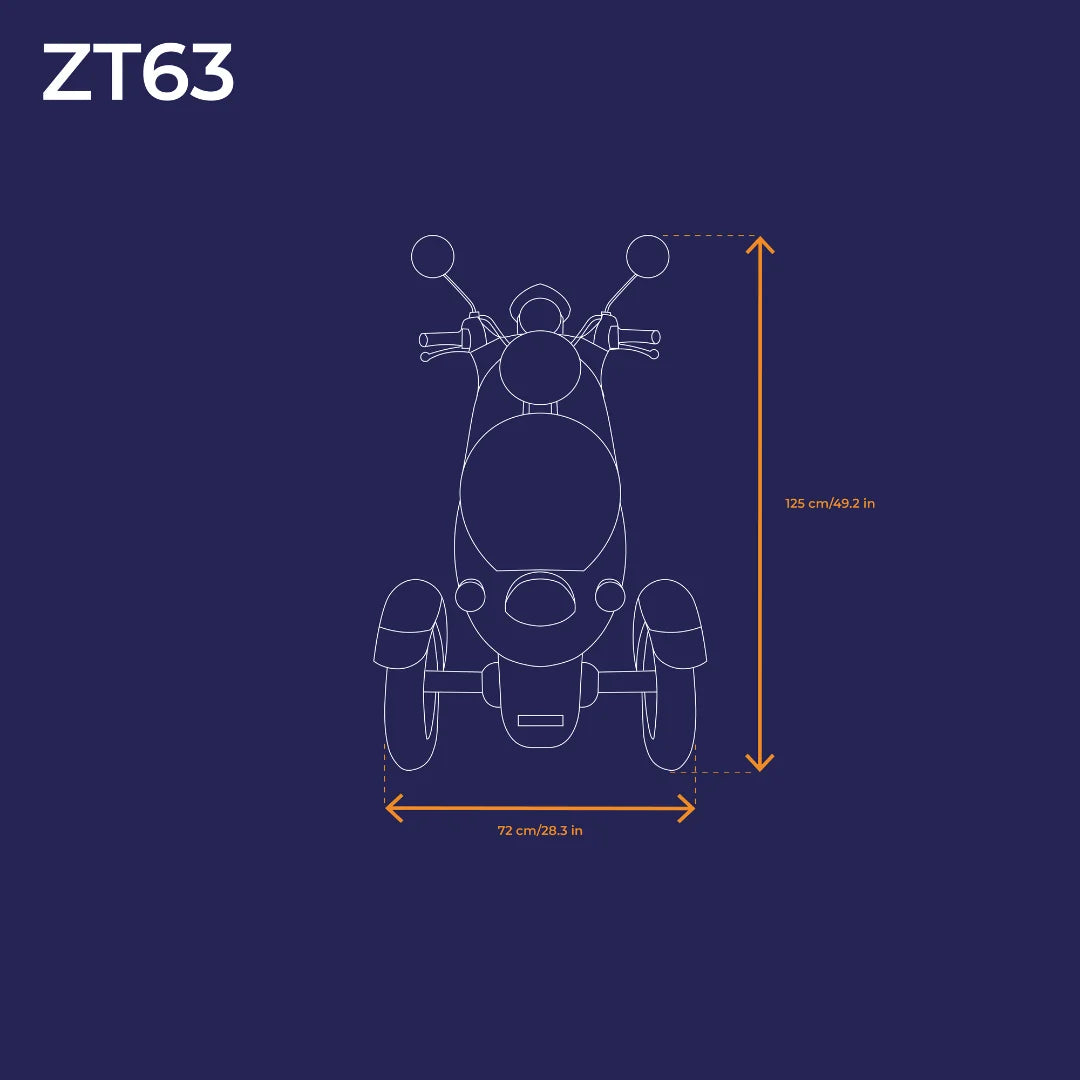Tehnički nacrt s dimenzijama električnog skutera za starije osobe Veleco ZT63, pogled sprijeda