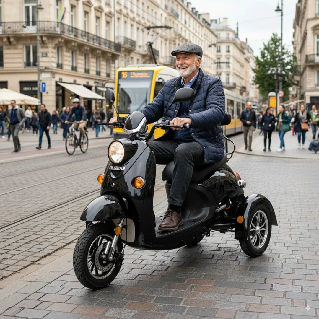 Stariji muškarac vozi crni električni skuter Veleco ZT63 na tri kotača u gradskoj ulici