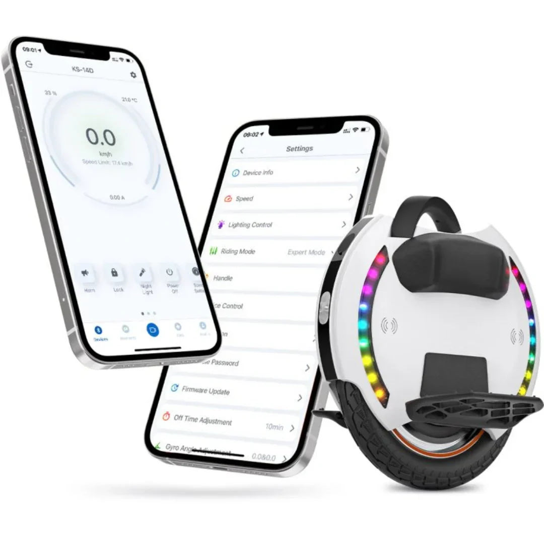 Električni monocikl KingSong 14D uz prikaz mobilne aplikacije za postavke i kontrolu vožnje