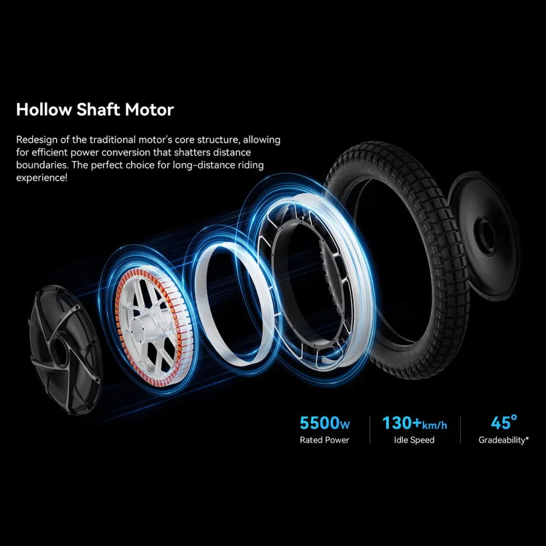 Prikaz komponenti hollow shaft motora za električni monocikl Kingsong F22 Pro u eksplodiranom