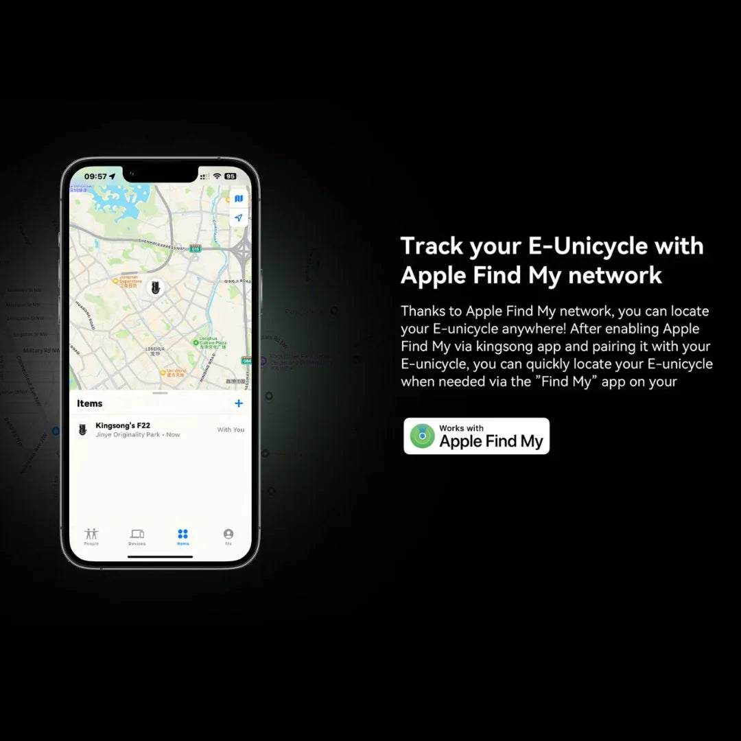 Prikaz Apple Find My aplikacije na pametnom telefonu za praćenje električnog monocikla Kingsong F22