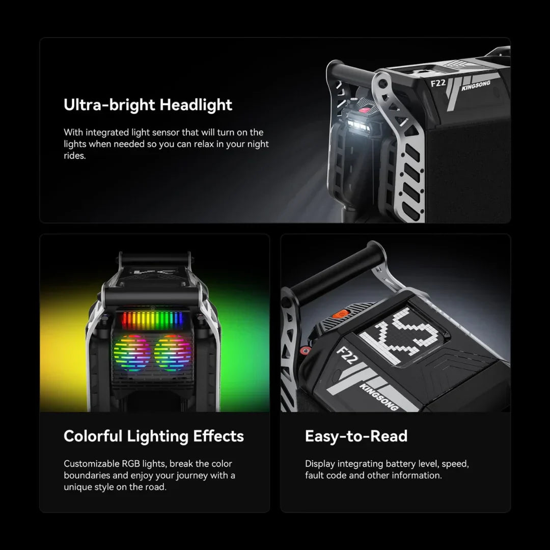 Prikaz prednjeg svjetla, RGB osvjetljenja i zaslona električnog monocikla KingSong F22 Pro