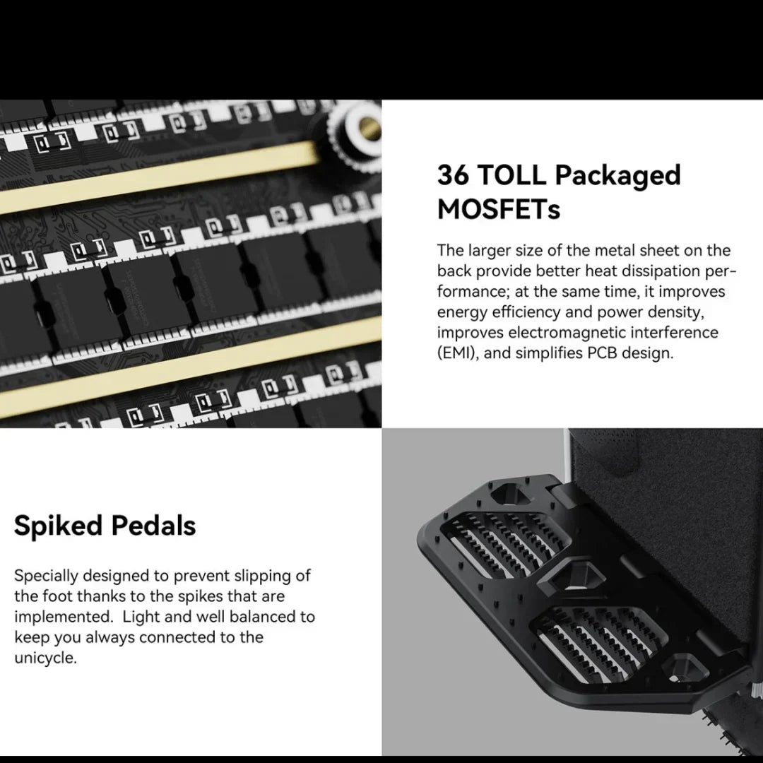 Detalji MOSFET komponenti i crne nazubljene pedale električnog monocikla Kingsong F22 Pro