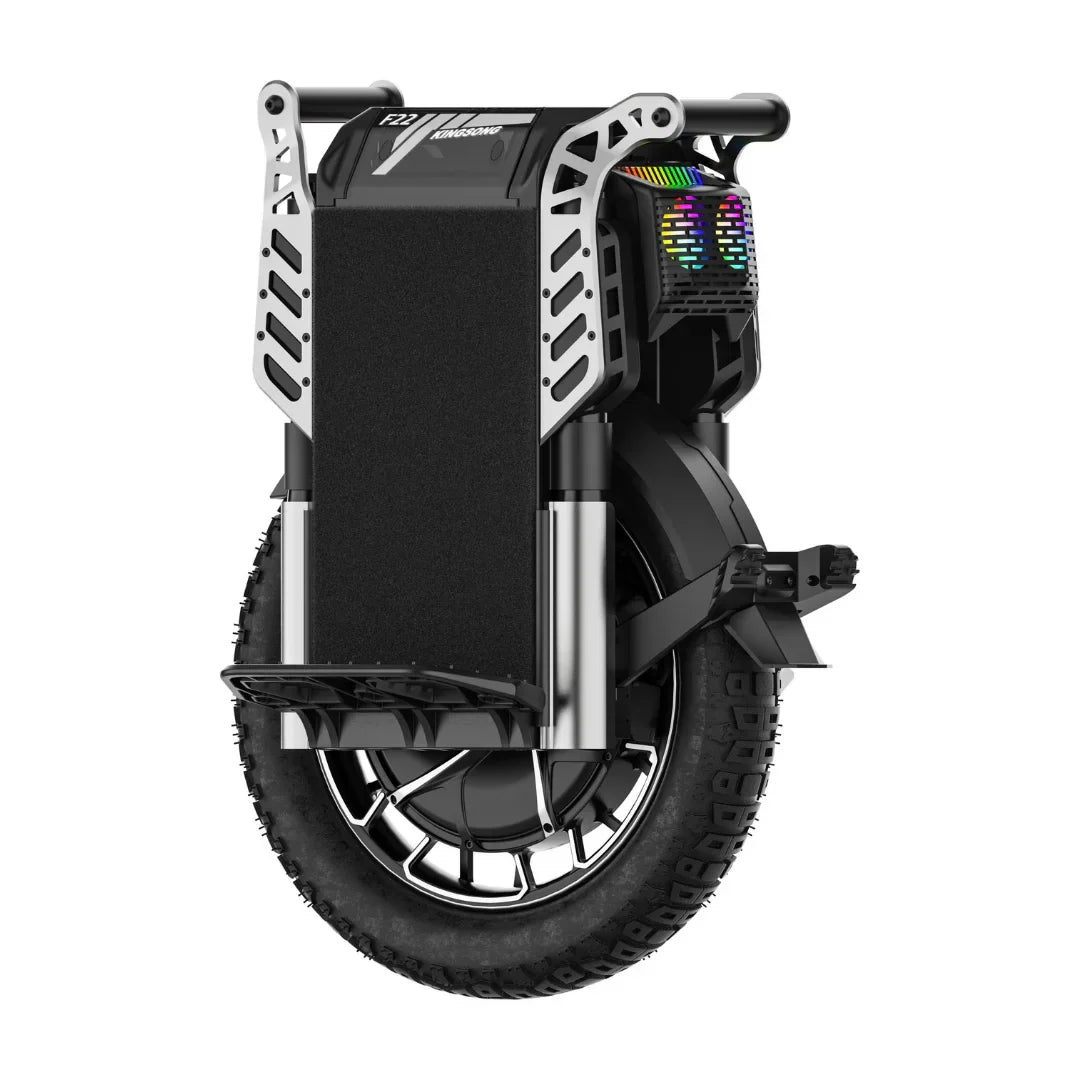 Električni monocikl KingSong F22 Pro, prednji pogled na crni model s RGB svjetlima i terenskom gumom