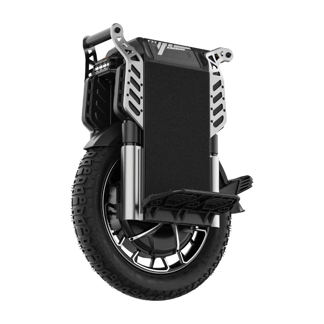 Električni monocikl KingSong F22 Pro crno-srebrni pogled sprijeda s osvjetljenjem i terenskom gumom
