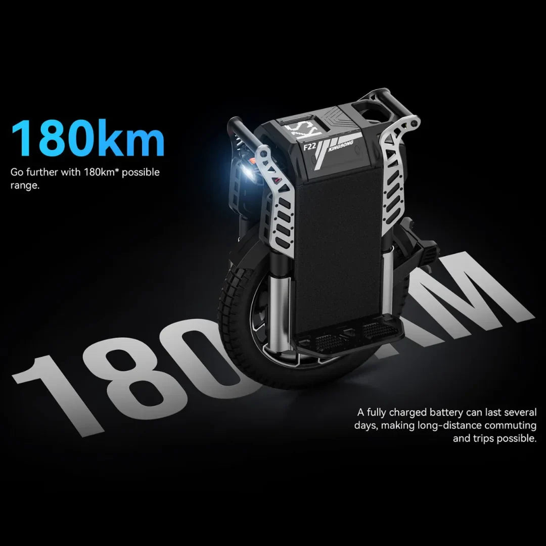 Električni monocikl KingSong F22 Pro crne boje s prikazom dosega od 180 km na crnoj pozadini