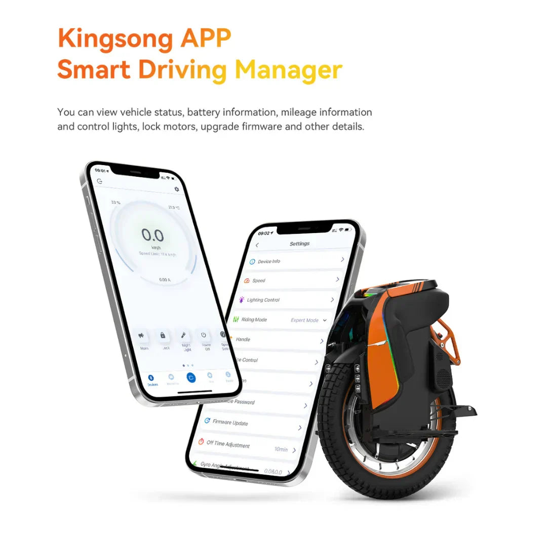 Kingsong S19 Pro električni monocikl i pametni telefon s prikazom postavki u aplikaciji