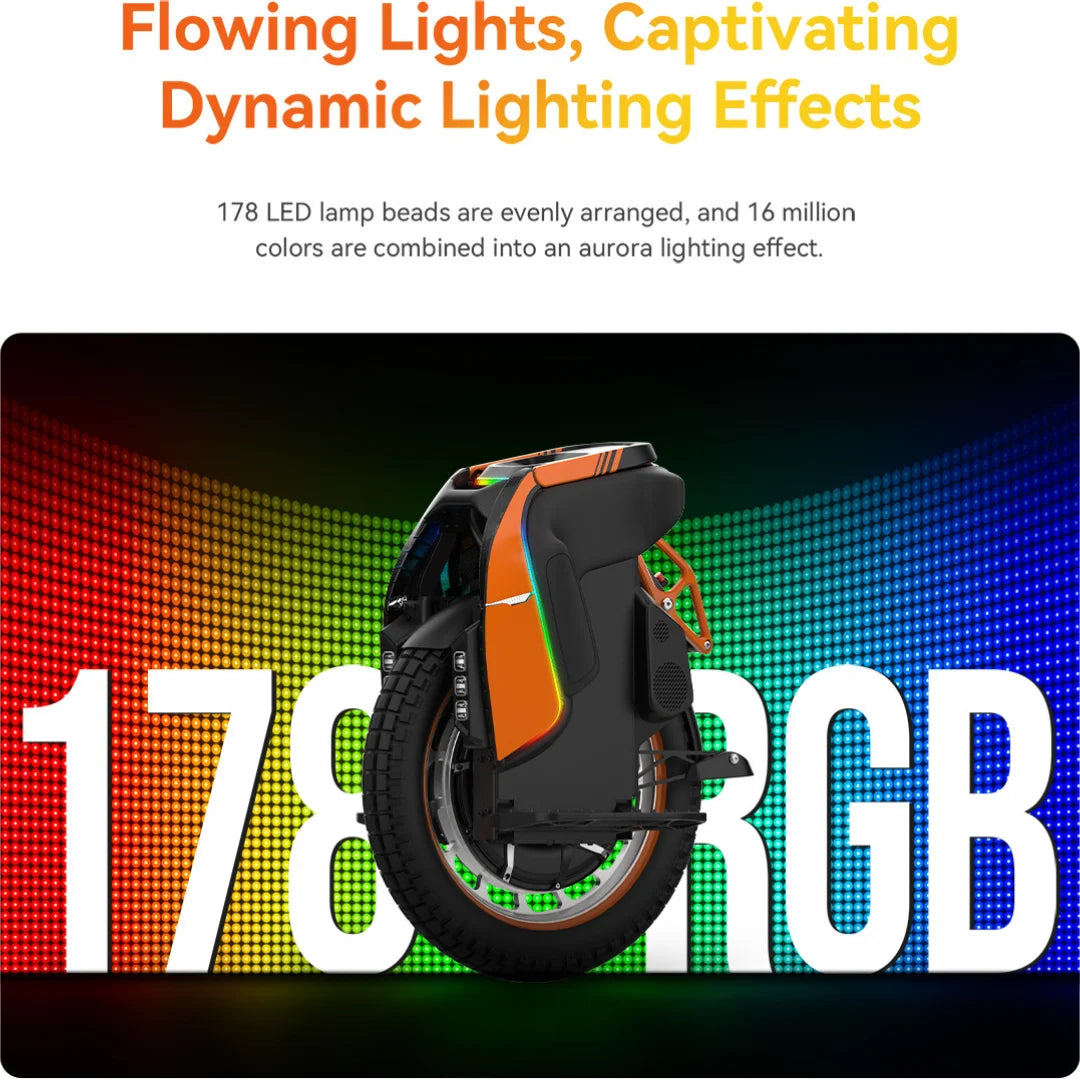Električni monocikl Kingsong S19 Pro s prikazom dinamičnog RGB LED osvjetljenja na kućištu