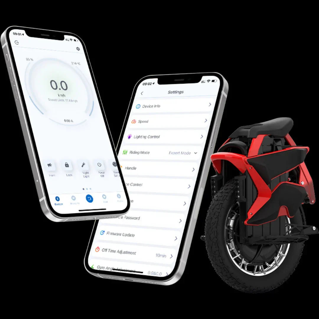 Mobilna aplikacija s postavkama i crveni električni monocikl Kingsong S22 Pro na crnoj pozadini