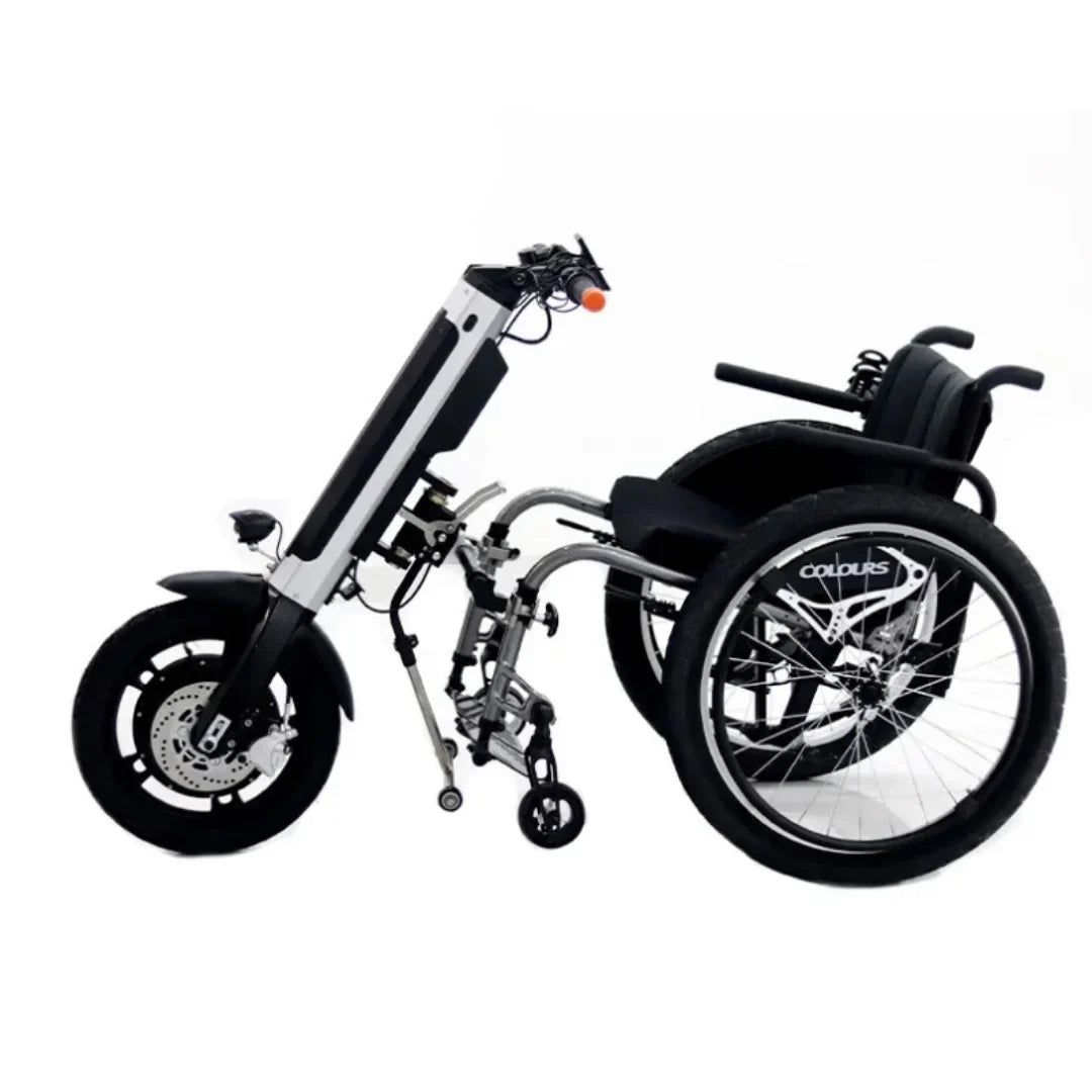 Električni priključak Mijo MT03 za invalidska kolica, bočni pogled na crni uređaj s kotačem