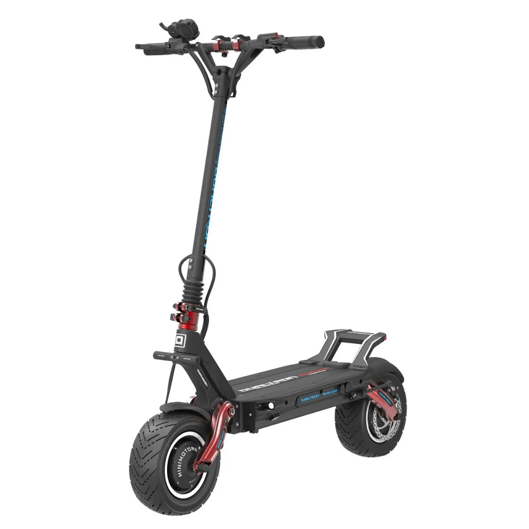 Crni električni romobil Dualtron Achilleus pogled iz profila s crvenim detaljima na bijeloj pozadini