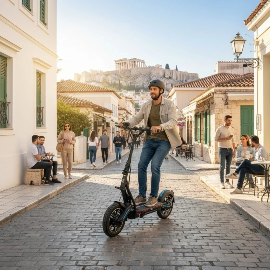 Muškarac vozi crni električni romobil Dualtron City ulicom uz pogled na Akropolu u Ateni