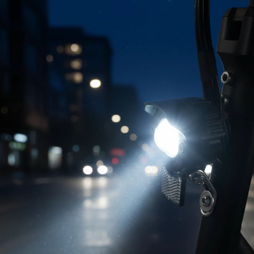 Upaljeno prednje LED svjetlo na električnom romobilu Dualtron Forever noću na gradskoj ulici