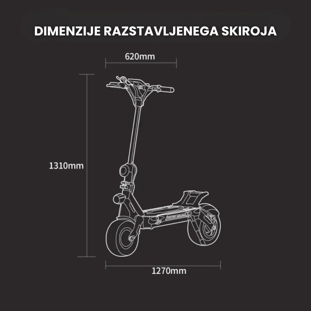 Tehnički nacrt dimenzija električnog romobila Dualtron New Achilleus na crnoj pozadini