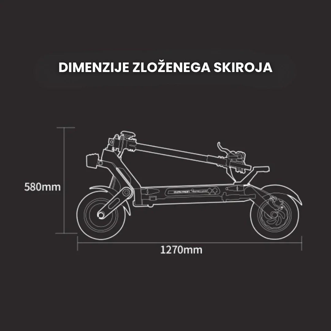 Tehnički nacrt dimenzija sklopljenog električnog romobila Dualtron New Achilleus s mjerama
