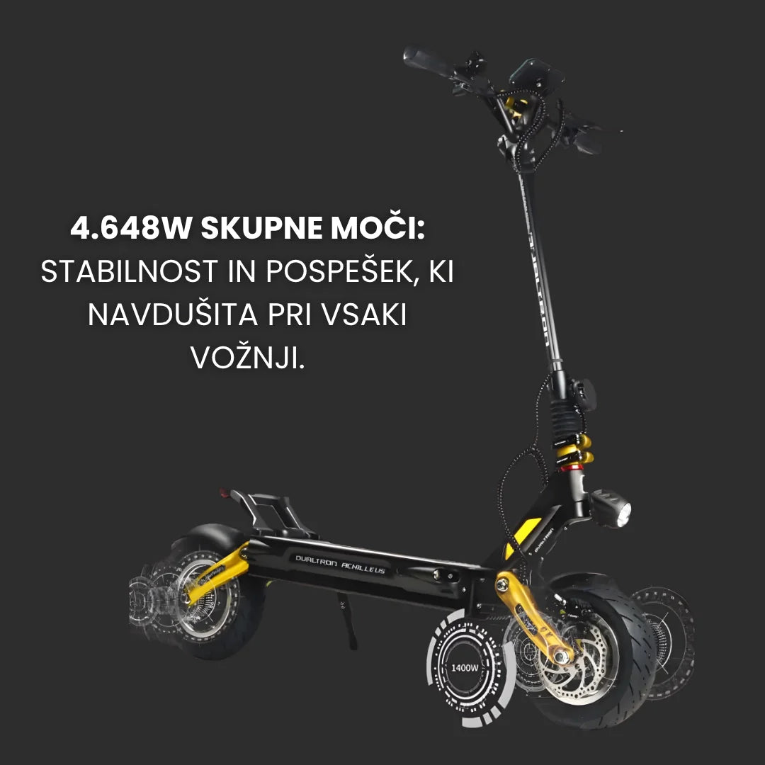 Crni električni romobil Dualtron New Achilleus s detaljima u zlatnoj boji na profilu
