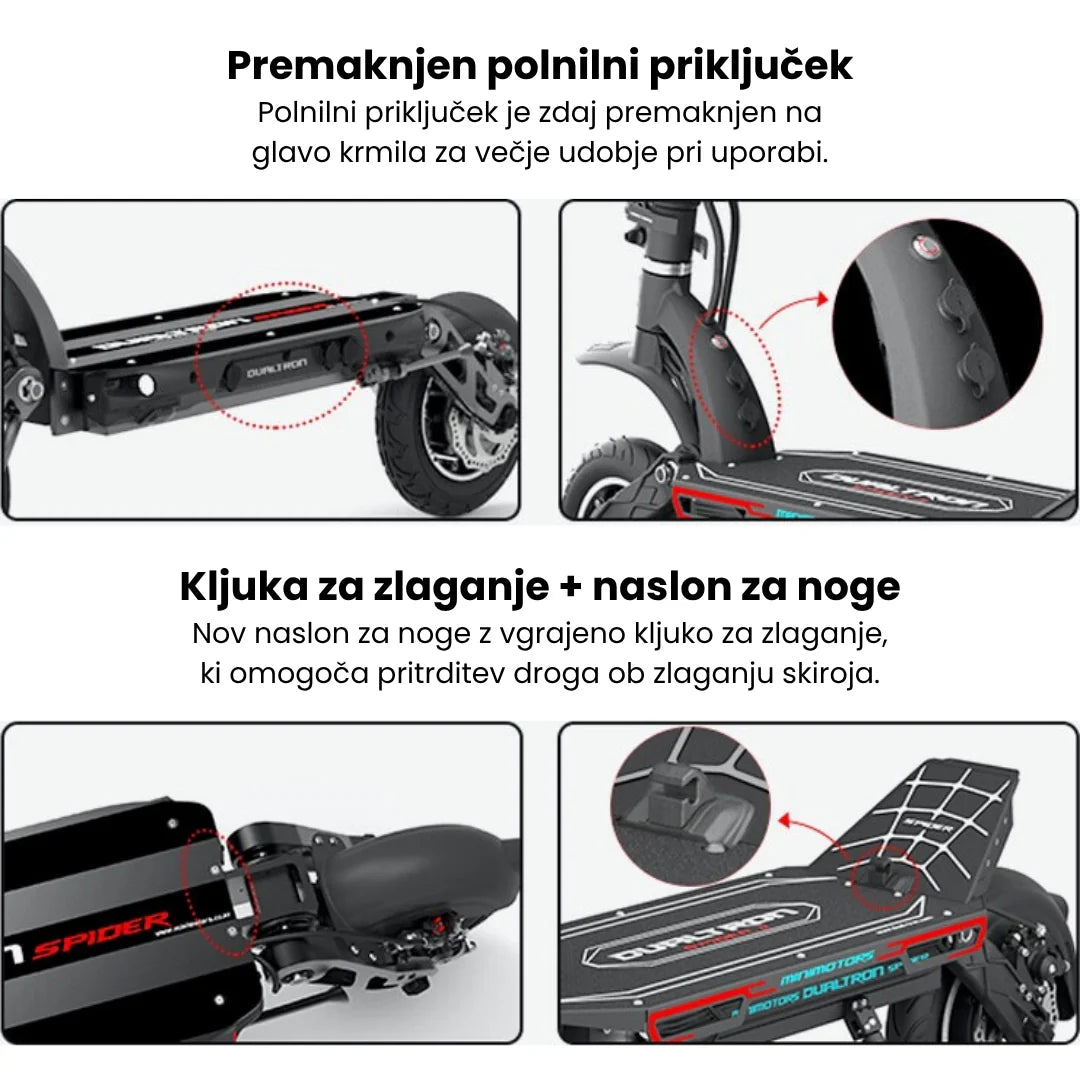 Prikaz novog položaja priključka za punjenje i kuke za sklapanje električnog romobila Dualtron