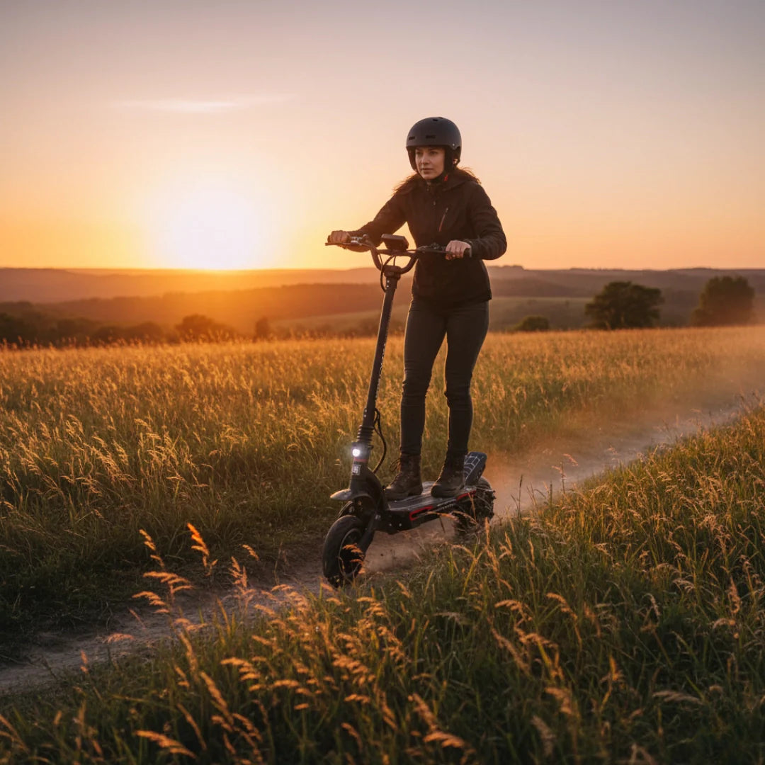 Žena vozi crni električni romobil Dualtron Spider 2 poljskim putem pri zalasku sunca