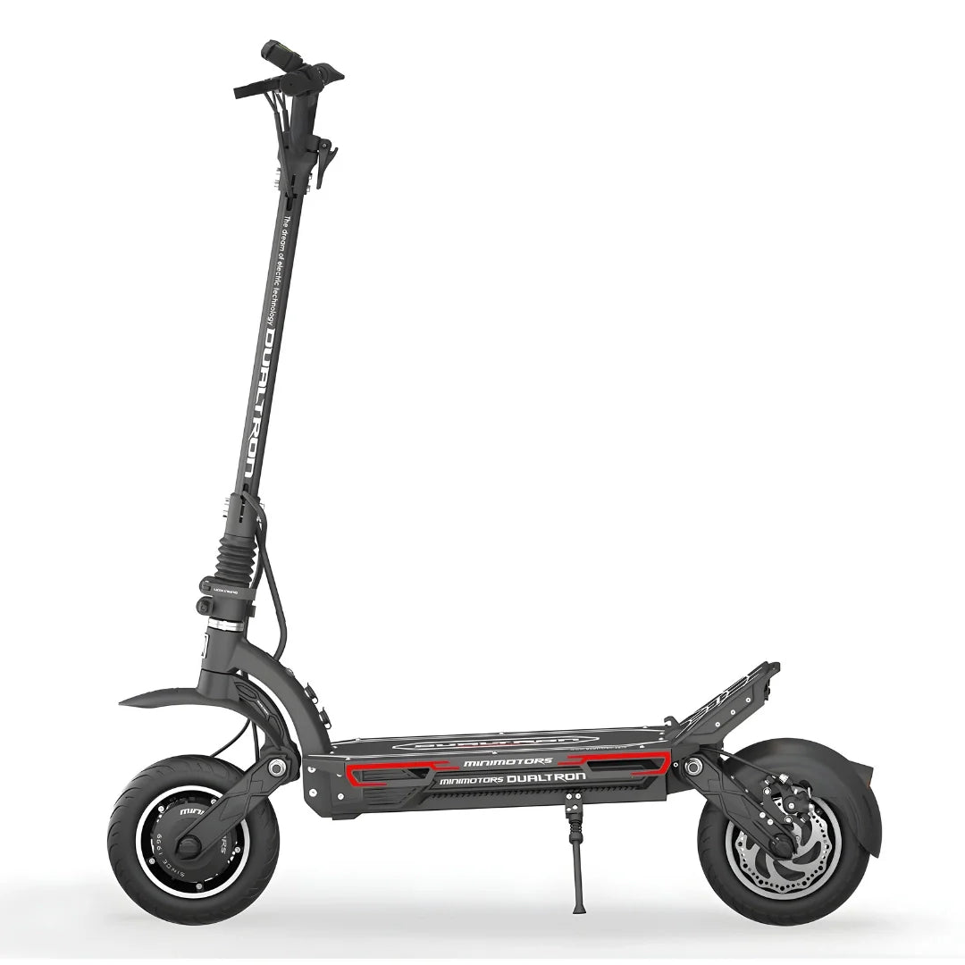 Električni romobil Dualtron Spider 2 crne boje, bočni pogled na vozilo s crvenim detaljima