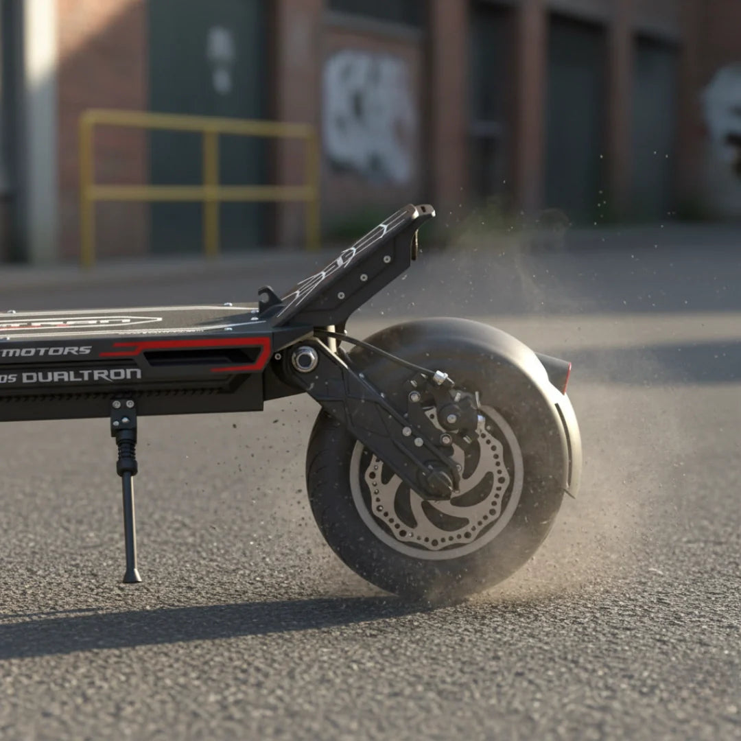 Detalj stražnjeg kotača i kočionog sustava električnog romobila Dualtron Spider 2 na asfaltu