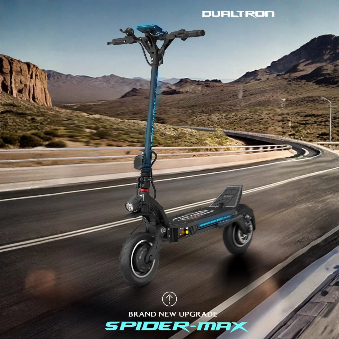 Električni romobil Dualtron Spider Max u crnoj boji na otvorenoj cesti, pogled s prednje strane