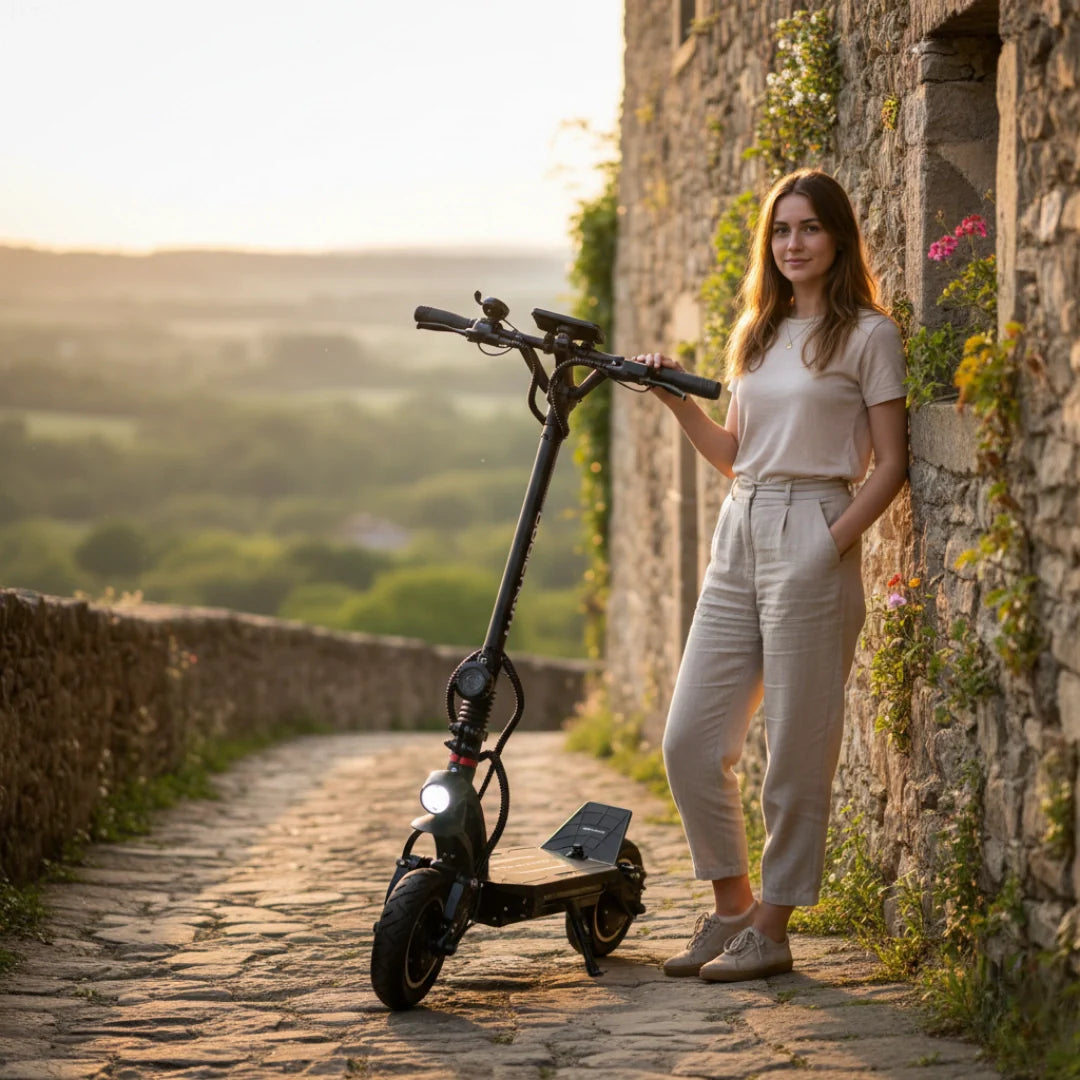 Električni romobil Dualtron Spider Max crne boje uz ženu na kamenoj stazi u prirodi