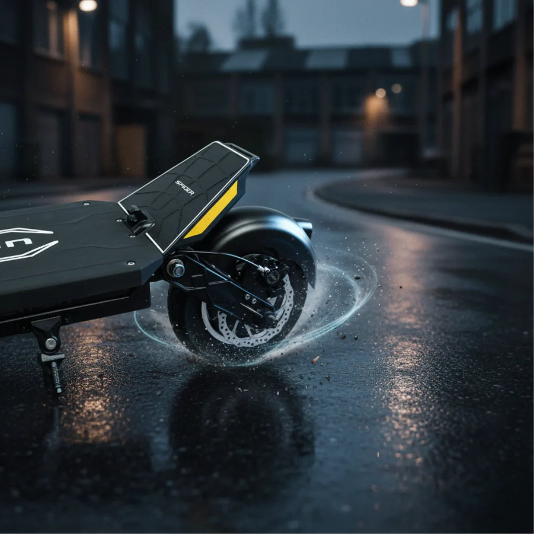 Električni romobil Dualtron Spider Max, detalj crnog stražnjeg kotača s efektom prskanja vode